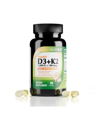 HealthA2Z Vitamin D3 (2 000 IU) + K2 (MK-7) Made with Virgin Coconut Oil (Natural MCTs) - 90 Softgels (Pack of 1) - Helps Calcium Absorption for Bones Teeth Mood & Immune Health