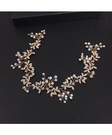 Kercisbeauty Rhinestones Headpiece for Brides Bridal Pearl Headband Vintage Wedding Tiara Women Festival Party Jewelry Gold