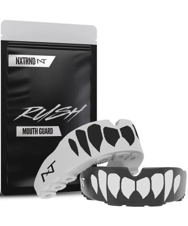 2 Pack Nxtrnd Rush Mouth Guard Sports, Professional Mouthguards for Boxing, Jiu Jitsu, MMA, Wrestling, Football, Lacrosse, and All Sports, Fits Adults, Youth, and Kids 11+ (B&W Fang) Black & White Fangs