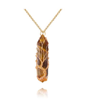 Healing Crystal Necklace Tree of Life Wire Wrapped Natural Stone Point Pendant Necklace Hexagonal Reiki Spiritual Quartz Gemstone Jewelry for Women Men Tiger Eye