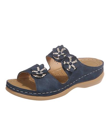 JWSVBF Orthotic Sandals for Women Bunion Boho Open Toe sandals for Women Flowers Womens Two Strap Slippers Hollow Wedges Comfortable Walking Orthopedic 2023 Summer Fashion 8 Wide Navy-b