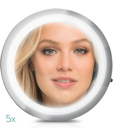 Navaris LED Magnification Mirror with Suction Cup | 5x Compartment Enlarged Makeup Mirror | Lighted Bathroom Cosmetic Mirror in Silver - Buy Online on GoSupps.com