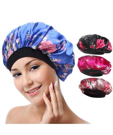 4 Pack Soft Satin Sleeping Cap Wide Band Salon Bonnet Silk Night Sleep Hat Hair Loss Cap for Women 4 Styles