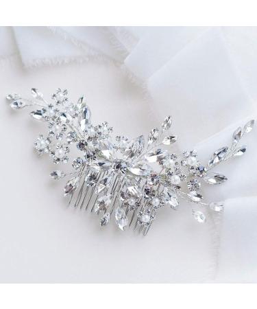 Catery Flower Crystal Bride Wedding Hair Comb Hair Accessories with Pearl Bridal Side Combs Headpiece for Women Pack of 1(Silver)