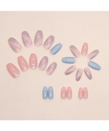 Ceboic 24Pcs Square False Nails Short French Tips Blue Pink - Glossy Marble Designs - Removable Press on Nails for Women and Girls - Buy Online on GoSupps.com