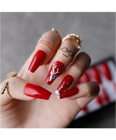 Christmas Reindeer Fake Nail Patches - Hand Painted Red 3D Acrylic Crystal Tips - Buy Online on GoSupps.com