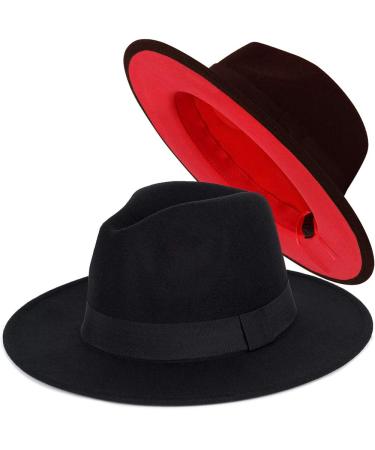 FADACHY Trendy Fedora Hats for Men & Women Wide Brim Felt Hat Dress Panama Hat Two Tone Fedora Large A Black-red