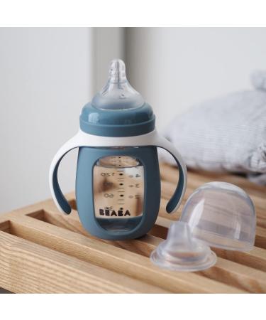 BEABA 2-in-1 Glass Baby Bottle & Training Sippy Cup 7oz - Soft Silicone Nipple, Sippy Spout - Rain | Baby Toddler Learning Cup - Buy Online on GoSupps.com