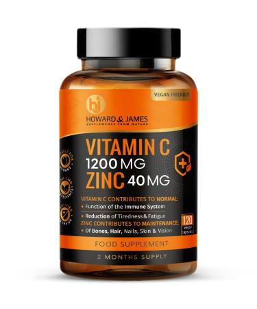 Vitamin C 1200mg and Zinc 40mg per Daily Serving - 120 High Strength Vegan Capsules with Ascorbic Acid - 2 Month Supply - Made in The UK by Howard & James
