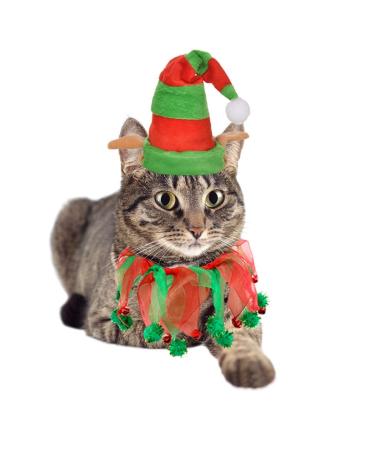 Vehomy Cat Christmas Costume Elf Hat and Bell Collar Xmas Pet Costume Accessories for Cat and Puppy 2Pcs