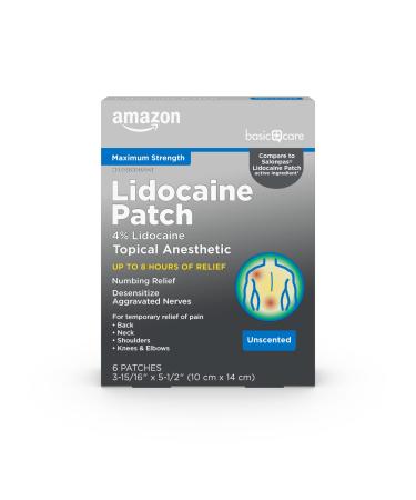 Amazon Brand - Basic Care Lidocaine Patch, 4% Lidocaine, Topical Anesthetic, Desensitizes Aggravated Nerves, 6 Count 6 Count (Pack of 1)