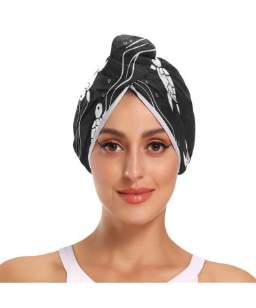 Turtles Black Hair Towel 2 Pack Super Absorbent Hair Drying Towel Quick Dry Hair Turbans Head Towel with Button Twisty Wrap for Women Girls