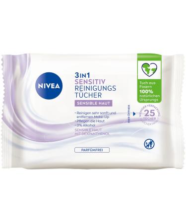 Nivea 3in1 Sensitive Cleaning towels mild facial cleaning towels with dexpanthenol gentle make -up film towels for particularly sensitive skin with 0% alcohol (25 pieces)