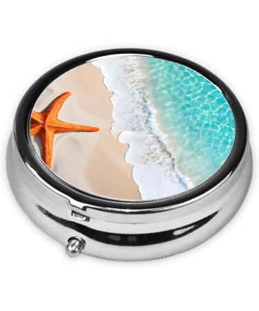 Beach Starfish Round Pill Box - 3 Compartment Mini Decorative Travel Organizer for Vitamins & Medications - Buy Online on GoSupps.com