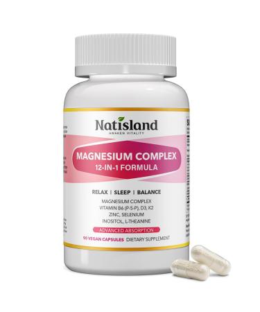 12 in 1 Magnesium Complex for Women 1000mg Magnesium Complex with D3K2, B6, L-Theanine, Inositol High Absorption Formula for Relaxation, Sleep, Muscle, Bone Health & Hormonal Balance, 90CT