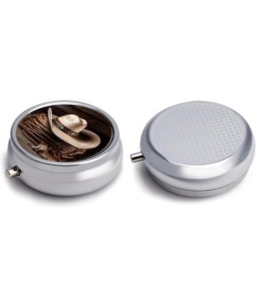 Round Pill Box - American West Rodeo Hat Print | 3 Compartment Medicine Organizer | Decorative Metal Portable Pocket Pill Case - Buy Online on GoSupps.com