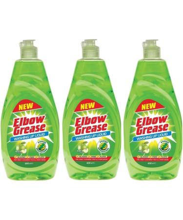3 x 600ML Elbow Grease Washing Up Liquid Fresh APPLE Scent Power Degreaser Works On Glasses Pans And Plates