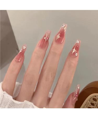 Moguri 24 pieces of pink diamonds artificial nails to press medium length glossy white silver-colored artificial nails stars moon blush designs artificial acrylic - Buy Online on GoSupps.com