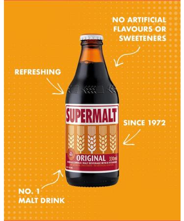 SUPERMALT | Original Flavour Malt Drink | Alcohol Free| Premium Malt Drink | Pack of 24 x 330ml Bottles - Buy Online on GoSupps.com