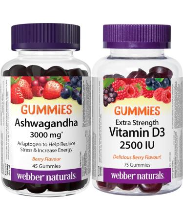Webber Naturals Ashwagandha Gummy 45 Berry Flavoured Gummies Helps to Reduce Stress & Vitamin D3 2500 IU 75 Gummies For Healthy Bones Teeth