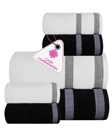 CASA COPENHAGEN Solitaire Designed in Denmark 600 GSM 2 Large Bath Towels 2 Large Hand Towels 2 Washcloths  Super Soft Egyptian Cotton 6 Towels Set for Bathroom  Kitchen & Shower - Black + White