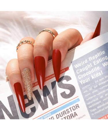 Sethain Glossy Glitter False Nails Green Fake Nail Rhinestone Long Full Cover Coffin Press on Nails for Women and Girls (Red) - Buy Online on GoSupps.com