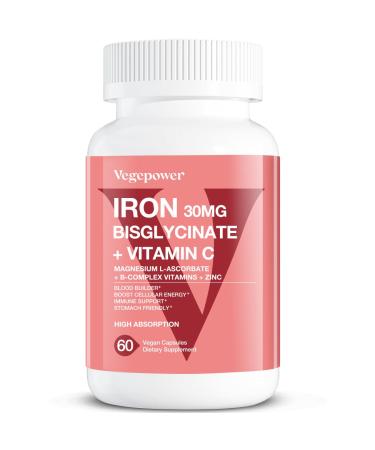 Vegepower Iron Bisglycinate 30mg Vegan Iron Supplement for Women & Men Chelated with Vitamin C B12 Folic Acid - Iron Pills for Anemia High Absorption Gluten-Free Non-GMO - 60 Capsules