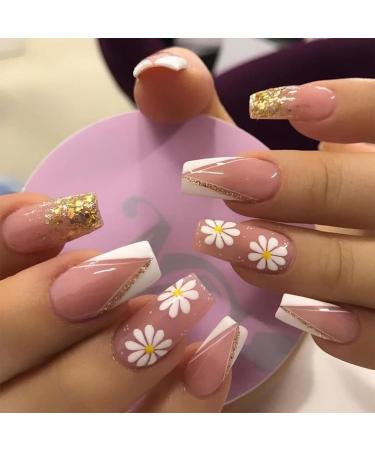 24pcs False Nails With Glue - Long Coffin Ballerina Manicure Full Cover Press on Nails - Cool Fake Nails for Women Girls (Pink with Flower)
