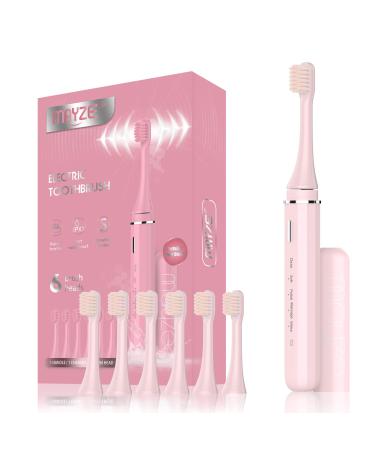 MAYZE Sonic Electric Toothbrush with 6 Brush Heads, Portable Travel Electric Toothbrush with 5 Modes - Charge for Lasting to 90 Days - 2 Min Timer Ultra Power Cleaning Tooth Brush - Pink