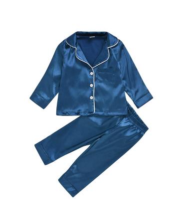Verve Jelly Baby Boy Girls Pajama Set Long Sleeve Button Down Sleepwear Nightwear Kids Satin Top Pants Outfit 2-Piece Set 5-6 Years Blue