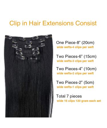 Remy Clip-in Human Hair Extensions - 7pcs Full Head 120g Straight for Women (#1 14) - Premium Quality Hair Clips - Buy Online on GoSupps.com