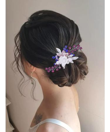 IYOU Flower Wedding Hair Comb Pink Crystal Hair Accessories Leaf Pearl Prom Bridal Headpiece for Women - Buy Online on GoSupps.com
