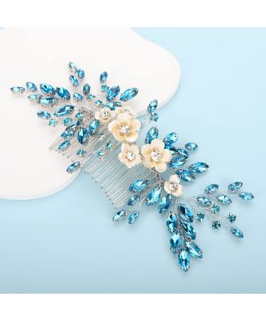 Bridal White Flower Blue Crystal Rhinestone Hair Comb for Bride - Wedding Hair Accessories - Buy Online on GoSupps.com