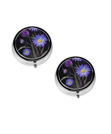 Purple Flowers Printed Mini Round Pill Box Pill Box 3 Compartment Medicine Pill Case Pill Organizer Travel Pillbox Portable Pill Box for Pocket Home Office Use