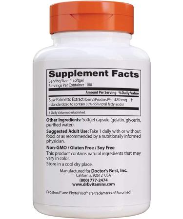 Doctor's Best Saw Palmetto Extract 320mg - 180 Softgels | Standardized Natural Supplement - Buy Online on GoSupps.com