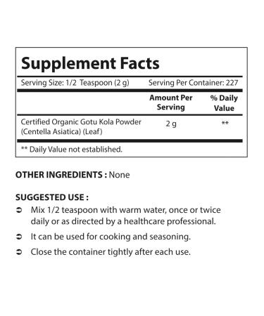 Nova Nutritions Certified Organic Gotu Kola Powder 16 OZ (454 gm) - Centella Asiatica Leaf Powder for Herbal Wellness - Buy Online on GoSupps.com