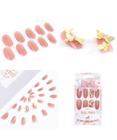 Sethexy Glossy Oval False Nails - Pink Long Gold Butterfly Acrylic Tips | 24 Complete Press-On Nail Set for Women & Girls - Buy Online on GoSupps.com