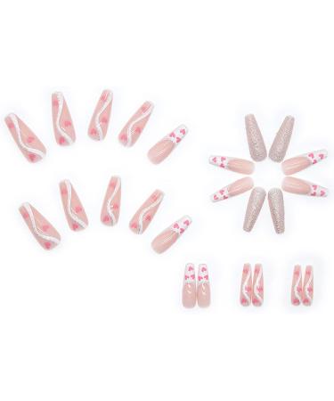 Luvadeyo 24pcs Coffin Long Press on Nails - Shiny Full Cover Pink Heart Acrylic Fake Nails for Women & Girls - Buy Online on GoSupps.com