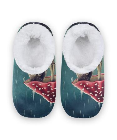 Mnsruu Cute animal owl mushroom shoes fleece comfortable bedroom shoes non-slip for men size 43-46 (UK8-9) multicolored