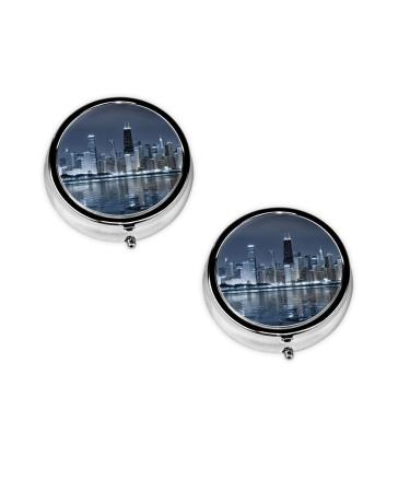 Chicago Reflected Printed Mini Round Pill Box Pill Box 3 Compartment Medicine Pill Case Pill Organizer Travel Pillbox Portable Pill Box for Pocket Home Office Use