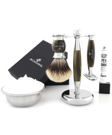 JAG Shaving Shaving set - 3 -part shaving set - Jag's Lee Range - Silberspitz Dachshaar Razor brush - Double edge of razor blades Shaving plane - shaving stand - Green hornimitation Color
