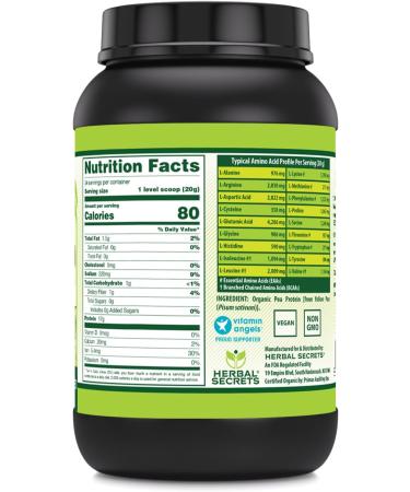 Herbal Secrets Organic Pea Protein Powder - 2 lbs 17g Protein Non-GMO Gluten Free Made in USA - Buy Online on GoSupps.com
