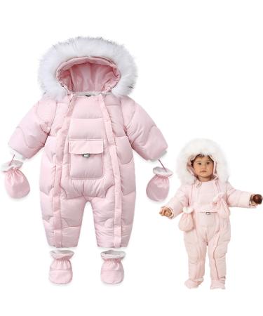Milkiwai Newborn Baby Cute Warmer Hooded Snowsuit Quilting Process Double Zipper Unisex RompersThicken Cotton Fleece Cute Pocket Hooded Winter Coats Jumpsuit with Detachable Gloves 73 pink
