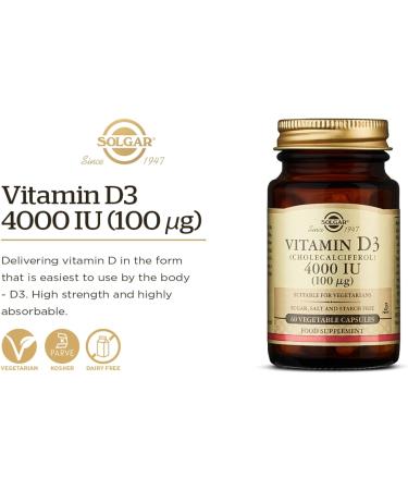 Solgar Vitamin D3 4000 IU (100 g) Vegetable Capsules - Pack of 60 - Cholecalciferol - Keeps Bones and Teeth Healthy - Supports Muscle Function & Immunity - Vegetarian - Buy Online on GoSupps.com