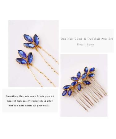 Baroque Bridal Hair Pins Set - Silver Rhinestone Wedding Hair Comb with Something Blue Accent - 3 Pcs - Gold - Buy Online on GoSupps.com