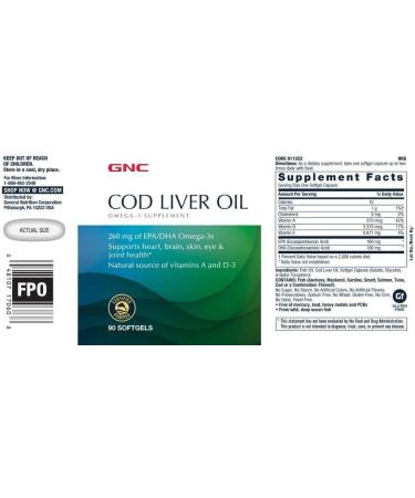 GNC Cod Liver Oil Omega 3 Supplement 260mg EPA and DHA Supports Heart Brain Skin Eye and Joint Health 90 Softgels - Buy Online on GoSupps.com