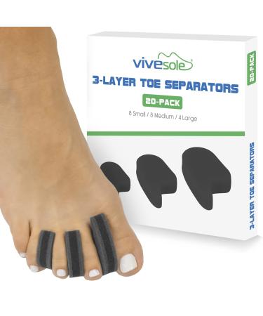 ViveSole 3 Layer Toe Separator (20 Pack) - Hammer Corrector for Overlapping - Cushioned Blister Treatment & Straightener - Aligment Tool Spacer for Bunion Foot Pain Relief for Women & Men - Feet Care Clear