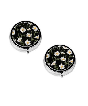 (Daisy) Round Pill Box 3 Compartment Pill Box Mini Decorative Pocket Purse Portable Travel Medicine Tablet Vitamin Holder Organizer Pill Case