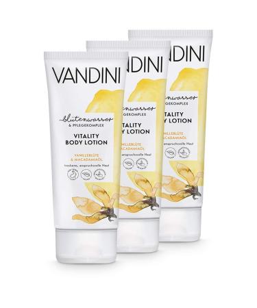 VANDINI Vitality Body Lotion for Women with Vanilla Flower & Macadamia Oil - Body Lotion for Dry and Demanding Skin - Vegan Free from Silicones Parabens & Mineral Oils (3x 200 ml)