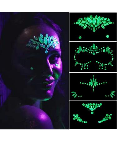 Luminous Face Gems Tattoo Stickers Body Jewelry Glow in the Dark Fluorescent Face Rhinestone Tattoo Noctilucent Temporary Tattoo Sparkly DIY Jewel Paste for Halloween Christmas Festival Makeup(4 Sets) 4 pcs luminous face...